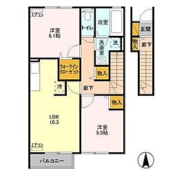 西武新宿線 花小金井駅 徒歩20分の賃貸アパート 2階2LDKの間取り