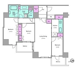 JR山手線 五反田駅 徒歩8分の賃貸マンション 25階3LDKの間取り