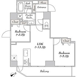 都営浅草線 浅草橋駅 徒歩4分の賃貸マンション 14階2LDKの間取り