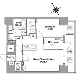 都営浅草線 蔵前駅 徒歩2分の賃貸マンション 6階2LDKの間取り