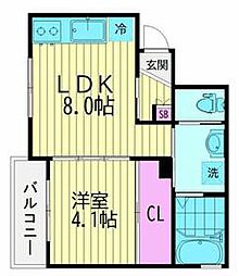 ユーズジャルダンII 2階1LDKの間取り