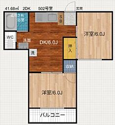 京急大師線 港町駅 徒歩10分の賃貸マンション 5階2DKの間取り