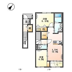 名鉄名古屋本線 小田渕駅 徒歩6分の賃貸アパート 2階2LDKの間取り