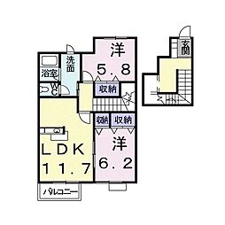 四日市あすなろう 内部駅 徒歩7分の賃貸アパート 2階2LDKの間取り