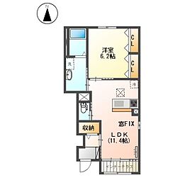 ヴィラージュ弐番館 1階1LDKの間取り