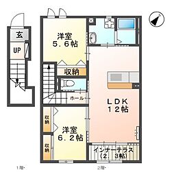 JR常磐線 水戸駅 4kmの賃貸アパート 2階2LDKの間取り