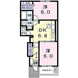 JR東海道本線 荒尾駅 徒歩22分の賃貸アパート 1階2DKの間取り