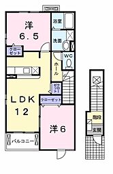 JR片町線(学研都市線) 京田辺駅 徒歩10分の賃貸アパート 2階2LDKの間取り