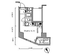 都営三田線 新板橋駅 徒歩2分の賃貸マンション 5階ワンルームの間取り