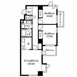 東急東横線 自由が丘駅 徒歩10分の賃貸マンション 2階2LDKの間取り