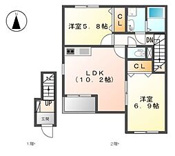 ガイドウェイバス志段味線 川村駅 徒歩21分の賃貸アパート 2階2LDKの間取り