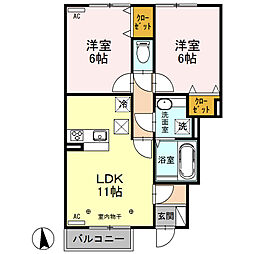 東武伊勢崎線 新伊勢崎駅 徒歩16分の賃貸アパート 1階2LDKの間取り