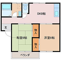 横芝パレス 2階2DKの間取り