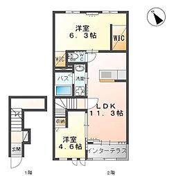 JR常磐線 勝田駅 徒歩32分の賃貸アパート 2階2LDKの間取り