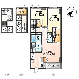 JR内房線 浜野駅 徒歩24分の賃貸アパート 3階2LDKの間取り