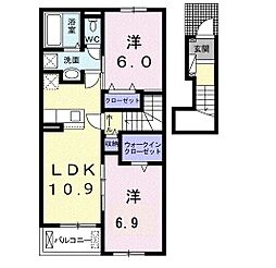 JR関西本線 木津駅 バス5分 市坂下車 徒歩2分の賃貸アパート 2階2LDKの間取り