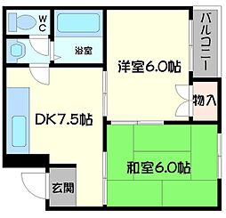 Osaka Metro長堀鶴見緑地線 鶴見緑地駅 徒歩17分の賃貸マンション 4階2DKの間取り