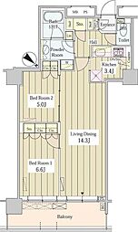 都営大江戸線 東中野駅 徒歩5分の賃貸マンション 30階2LDKの間取り
