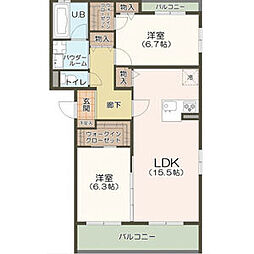 ヴェール梅里 3階2LDKの間取り