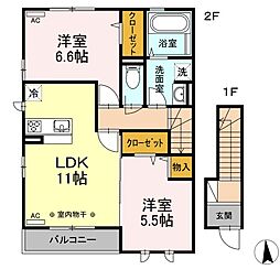 西武拝島線 武蔵砂川駅 徒歩10分の賃貸アパート 2階2LDKの間取り