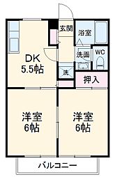 東武伊勢崎線 せんげん台駅 徒歩14分の賃貸アパート 2階2DKの間取り
