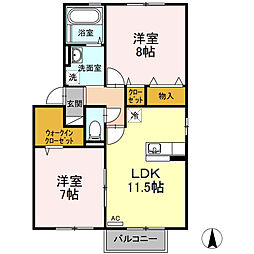 ルピナ大北Ｂ棟 2階2LDKの間取り