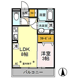 グラン・ブルーエスターテ矢中 2階1LDKの間取り