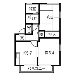 コンフォール石坂B 2階2DKの間取り