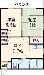 京王相模原線 稲城駅 徒歩4分の賃貸アパート 2階2DKの間取り