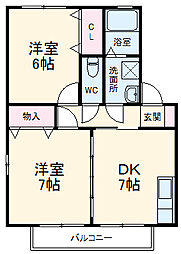 カーサ　タカラＡ 1階2DKの間取り