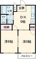 シティーハイツＥi 2階2DKの間取り