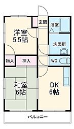 ロイヤルブラフ26 3階2DKの間取り