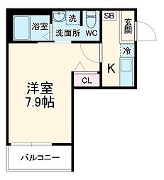 ラミアアルテ若葉 2階1Kの間取り