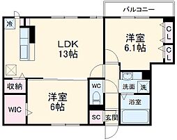リヴェールコート 1階2LDKの間取り