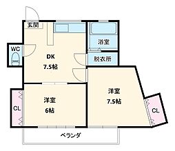 地建ハイツ 5階2DKの間取り