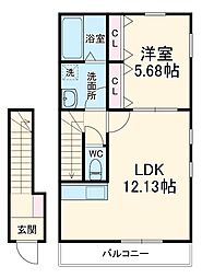 リーブルファイン下萱津山伏 2階1LDKの間取り