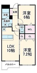 グレイス一ツ木　I 2階2LDKの間取り