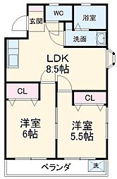 ハイツリー芝 2LDKの間取図画像