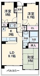アプレ千葉センターコート 8階3LDKの間取り