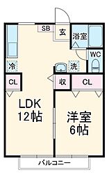 パナハイツタカダヤＤ 1階1LDKの間取り
