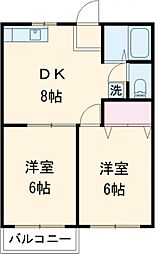 カギ中ハイツＢ 2階2DKの間取り
