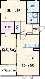 ウィズハイム新井町 1階2LDKの間取り