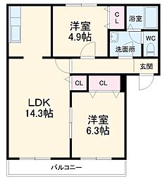 アルファコート流山 2階2LDKの間取り