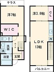 小田急小田原線 柿生駅 徒歩17分の賃貸テラスハウス 1階2LDKの間取り