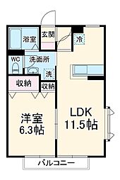 コンフォート毛呂山 2階1LDKの間取り
