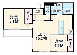 (仮称)D-ROOM橋波東之町　東棟 1階2LDKの間取り