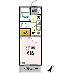 フォレストヴィラ北斗 2階1Kの間取り