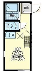 ユナイト小倉クーベルタンの杜 2階ワンルームの間取り