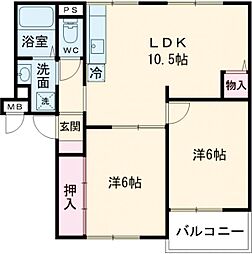 リバーサイドふじ 3階2LDKの間取り