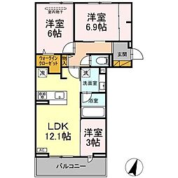 リシェスみのり台　B棟 3階3LDKの間取り